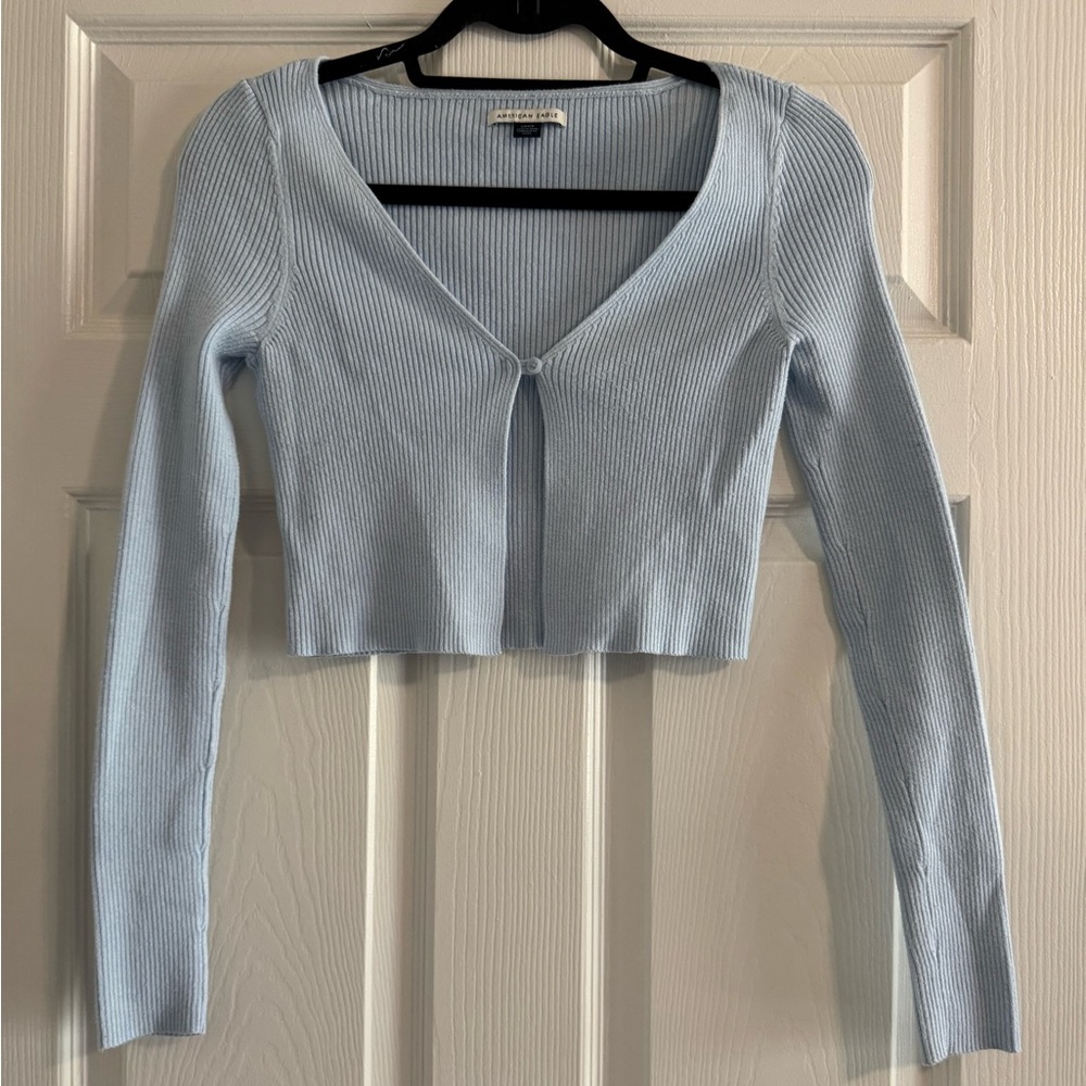 American Eagle Outfitters Light Blue Single Button Cropped Cardigan